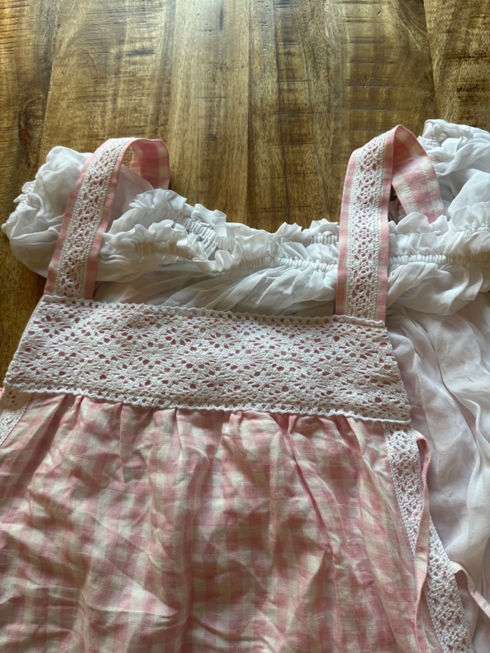 SLEEPER Pink and white check plaid checkered Gingham Lace-Trim babydoll dress - Picture 6 of 8